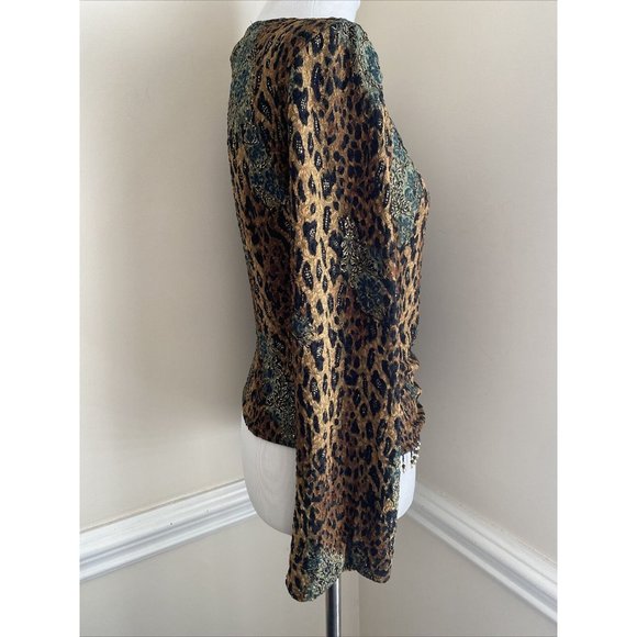 Vtg Ronni Nicole Top Women Large Brown Surplice V-neck Blouse Beaded Leopard Y2K - Picture 4 of 5